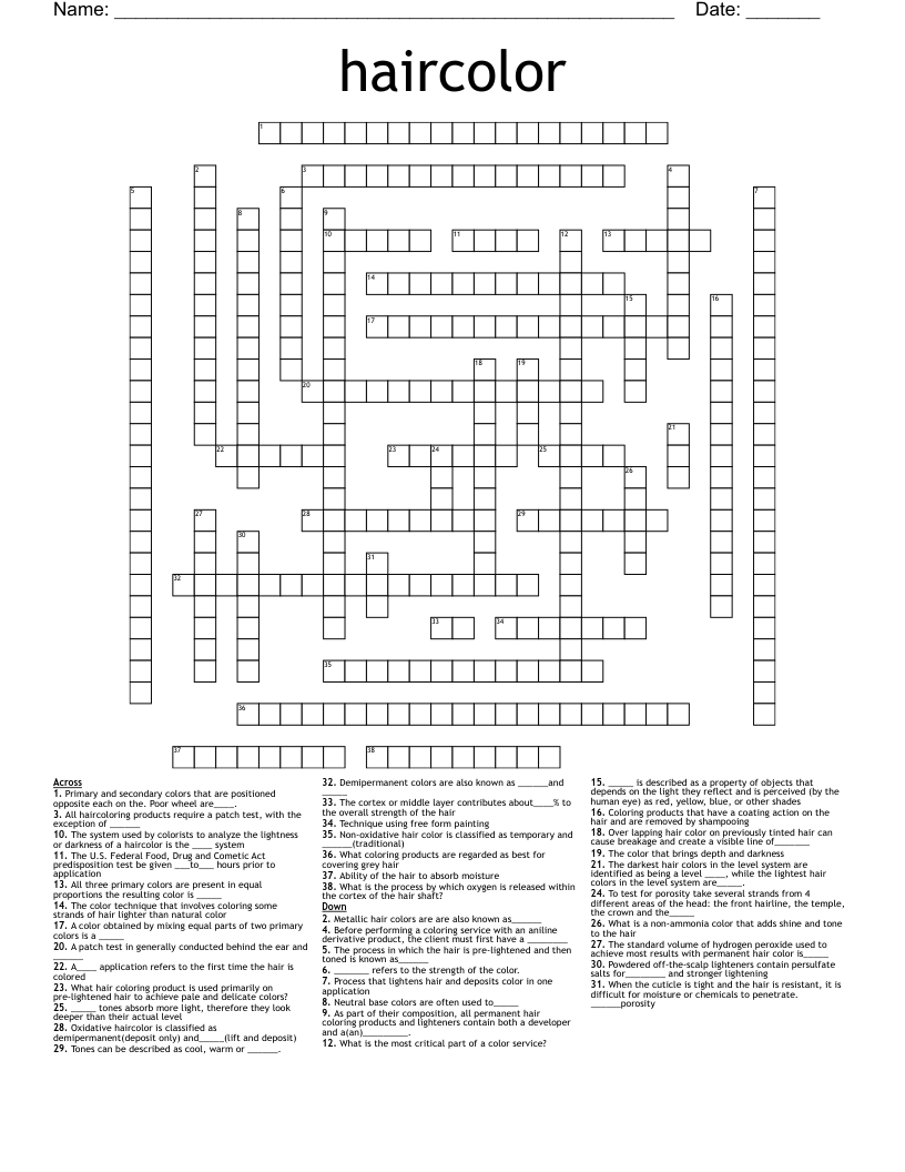 Printable Hair Color Crossword: Free and Fun Word Games!